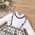 2pcs Baby Ribbed Frilly Collar Long-sleeve Splicing Faux-two Plaid Princess Dress Set White image 2
