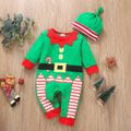 2-piece Baby Girl Christmas Striped Colorblock Long-sleeve Jumpsuit and Knotted Cap Set Green