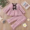 2pcs Baby Pink Tweed Plaid Long-sleeve Bowknot Top and Trousers Set Pink image 1