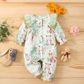 2pcs Baby Girl All Over Forest Animal Print Green Long-sleeve Ruffle Jumpsuit Set Green