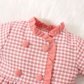 2pcs Baby Girl Pink Houndstooth Long-sleeve Double Breasted Ruffle Dress Set Pink