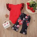 2pcs Baby Girl Pom Poms Layered Flutter-sleeve Red Romper and Floral Print Flared Pants Set Red