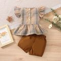 2pcs Baby Girl Plaid Flutter-sleeve Peplum Top and Solid Shorts Set Khaki