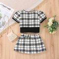 3pcs Baby Girl Black Ribbed Camisole and Tweed Puff-sleeve Cardigan with Bowknot Skirt Set BlackandWhite