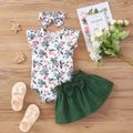 3pcs Baby Girl 100% Cotton Bow Front Skirt and Allover Floral Print Flutter-sleeve Romper with Headband Set Green