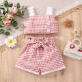 2pcs Baby Girl Pink Houndstooth Tweed Cami Crop Top and Tie Front Shorts Set Pink image 1