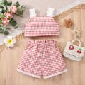 2pcs Baby Girl Pink Houndstooth Tweed Cami Crop Top and Tie Front Shorts Set Pink image 2