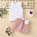3pcs Baby Girl Rib Knit Tank Top and Belted Skirt with Bag Set Pink