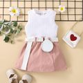 3pcs Baby Girl Rib Knit Tank Top and Belted Skirt with Bag Set Pink