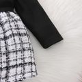 2pcs Baby Girl Letter Print Mock Neck Long-sleeve Rib Knit Spliced Tweed Dress with Headband Set Black