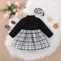 2pcs Baby Girl Letter Print Mock Neck Long-sleeve Rib Knit Spliced Tweed Dress with Headband Set Black
