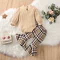 2pcs Baby Girl Letter Embroidered Rib Knit Frill Mock Neck Long-sleeve Romper and Plaid Flared Pants Set OffWhite image 2