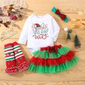 Christmas 4pcs Baby Girl 95% Cotton Long-sleeve Letter Print Romper and Layered Skirt with Calf Sleeves & Headband Set Red image 1