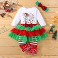 Christmas 4pcs Baby Girl 95% Cotton Long-sleeve Letter Print Romper and Layered Skirt with Calf Sleeves & Headband Set Red image 3