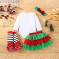 Christmas 4pcs Baby Girl 95% Cotton Long-sleeve Letter Print Romper and Layered Skirt with Calf Sleeves & Headband Set Red image 2