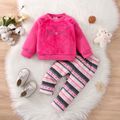 2pcs Baby Boy Animal Embroidered Thickened Fuzzy Long-sleeve Pullover and Allover Print Pants Set Hot Pink image 1