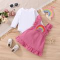 2pcs Baby Girl 95% Cotton Long-sleeve Romper and Rainbow & Letter Print Corduroy Ruffle Overall Dress Set Pink image 1