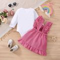 2pcs Baby Girl 95% Cotton Long-sleeve Romper and Rainbow & Letter Print Corduroy Ruffle Overall Dress Set Pink image 2