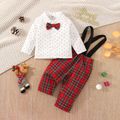 Christmas 2pcs Baby Boy Gentleman Bow Tie Decor Long-sleeve Polka Dot Shirt and Red Plaid Suspender Pants Set Red
