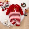 Christmas Baby Boy/Girl Reindeer Embroidered Red Quilted Long-sleeve Spliced Striped Jumpsuit Red image 1
