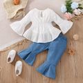 2pcs Baby Girl Solid Textured Flare-sleeve High Low Hem Top and Split Flared Pants Set White image 2