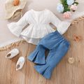2pcs Baby Girl Solid Textured Flare-sleeve High Low Hem Top and Split Flared Pants Set White image 3