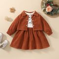 2pcs Baby Girl Letter Print Mock Neck Long-sleeve Spliced Dress and Corduroy Jacket Set Brown image 2