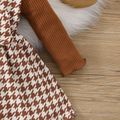 Baby Girl Brown Ribbed & Houndstooth Spliced Faux-two Bow Front Mock Neck Long-sleeve Dress Brown image 5