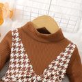Baby Girl Brown Ribbed & Houndstooth Spliced Faux-two Bow Front Mock Neck Long-sleeve Dress Brown image 3