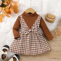 Baby Girl Brown Ribbed & Houndstooth Spliced Faux-two Bow Front Mock Neck Long-sleeve Dress Brown image 1