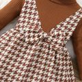 Baby Girl Brown Ribbed & Houndstooth Spliced Faux-two Bow Front Mock Neck Long-sleeve Dress Brown image 4