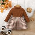 Baby Girl Brown Ribbed & Houndstooth Spliced Faux-two Bow Front Mock Neck Long-sleeve Dress Brown image 2