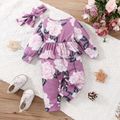 2pcs Baby Girl Allover Floral Print Ruffle Trim Long-sleeve Jumpsuit & Headband Set Purple image 1