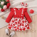 Valentine's Day 2pcs Baby Girl Red Ribbed Ruffle Long-sleeve Spliced Heart & Letter Print Dress with Headband Set Red image 1