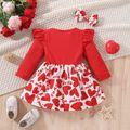 Valentine's Day 2pcs Baby Girl Red Ribbed Ruffle Long-sleeve Spliced Heart & Letter Print Dress with Headband Set Red image 2