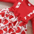 Valentine's Day 2pcs Baby Girl Red Ribbed Ruffle Long-sleeve Spliced Heart & Letter Print Dress with Headband Set Red image 5