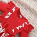 Valentine's Day 2pcs Baby Girl Red Ribbed Ruffle Long-sleeve Spliced Heart & Letter Print Dress with Headband Set Red image 4