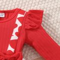 Valentine's Day 2pcs Baby Girl Red Ribbed Ruffle Long-sleeve Spliced Heart & Letter Print Dress with Headband Set Red image 3