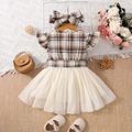 2pcs Baby Girl 100% Cotton Plaid Flutter-sleeve Belted Mesh Dress & Headband Set Apricot image 2