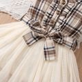 2pcs Baby Girl 100% Cotton Plaid Flutter-sleeve Belted Mesh Dress & Headband Set Apricot image 5