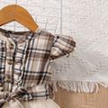 2pcs Baby Girl 100% Cotton Plaid Flutter-sleeve Belted Mesh Dress & Headband Set Apricot image 3