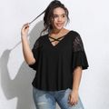 Women Plus Size Elegant Crisscross V Neck Short Lace Splice Bell sleeves T-shirt Black