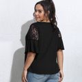 Women Plus Size Elegant Crisscross V Neck Short Lace Splice Bell sleeves T-shirt Black