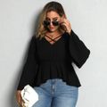Women Plus Size Casual Crisscross V Neck Peplum Bell sleeves Blouse Black