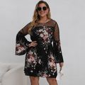 Women Plus Size Vacation Floral Print Polka dots Mesh Long-sleeve Dress Black
