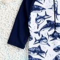 Toddler Boy Colorblock Shark Print Zipper Long-sleeve One-piece Swimsuit Dark Blue