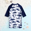 Toddler Boy Colorblock Shark Print Zipper Long-sleeve One-piece Swimsuit Dark Blue