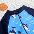 Toddler Boy Shark Print Colorblock Zipper One-piece Swimsuit Dark Blue