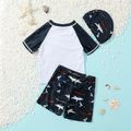2pcs Toddler Boy Playful Letter Shark Print Tee & Shorts and Cap Swimsuit Set BlackandWhite