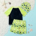 3pcs Toddler Boy Playful Shark Print Swimsuit and Cap Set LUMINOUSYELLOW